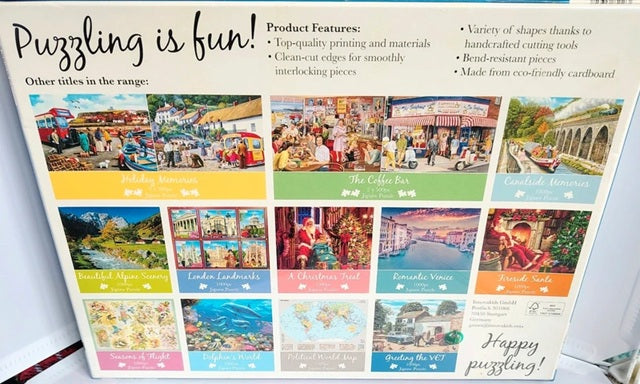 Product packaging with images of various scenes and text about puzzle features.