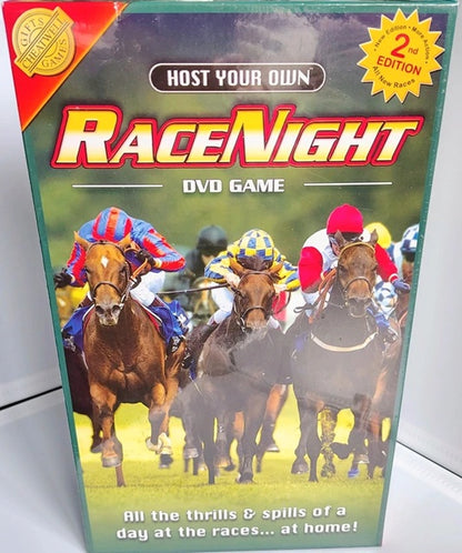 Box for 'Host Your Own Race Night' DVD game with horse racing imagery.