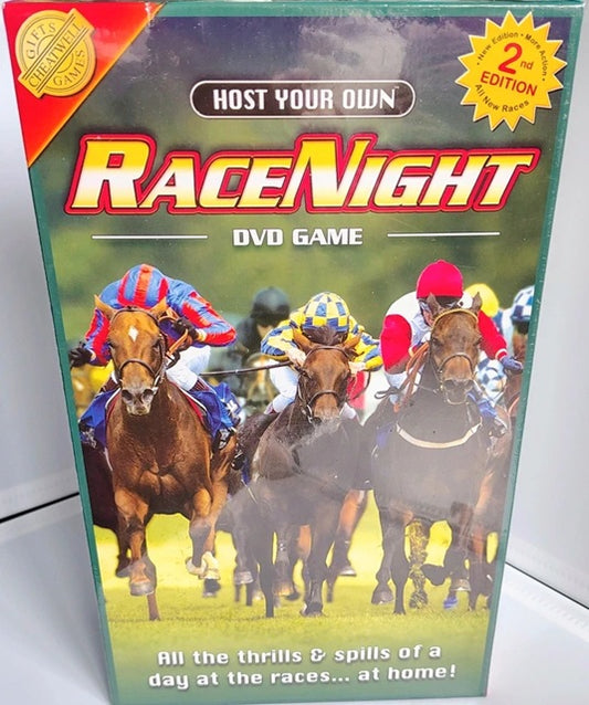 Box for 'Host Your Own Race Night' DVD game with horse racing imagery.