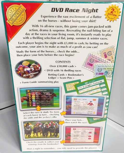 DVD Race Night game packaging with text and graphics on a white background