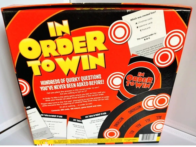 Board game box titled 'In Order to Win' with orange and black design.