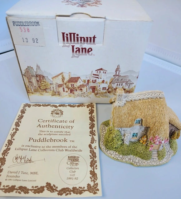 Lilliput Lane Puddlebrook cottage sculpture with certificate of authenticity and box.
