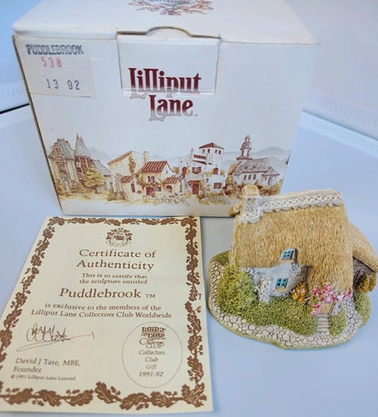 Lilliput Lane Puddlebrook cottage sculpture with certificate of authenticity and box.