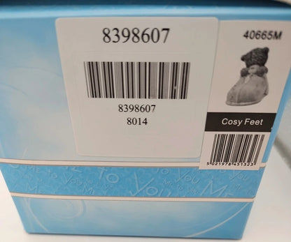 Close-up of a blue product box showing a white barcode label with the text '8398607', '40665M', and 'Cosy Feet', plus a small teddy bear figurine photo on the right.
