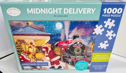 Jigsaw puzzle box titled 'Midnight Delivery' by Jason Kirk with a Christmas scene on the cover.