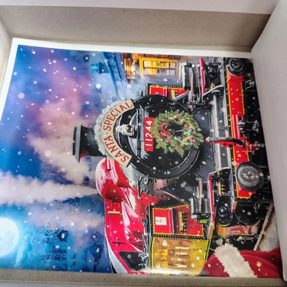 Decorative Christmas poster with a red train and Santa Claus, featuring snowflakes and a festive background.