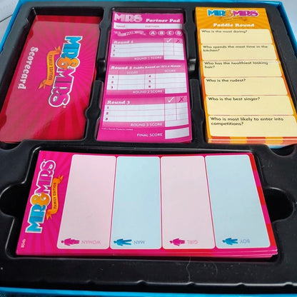 Set of colorful game cards with questionnaires and score sheets in a black carrying case.