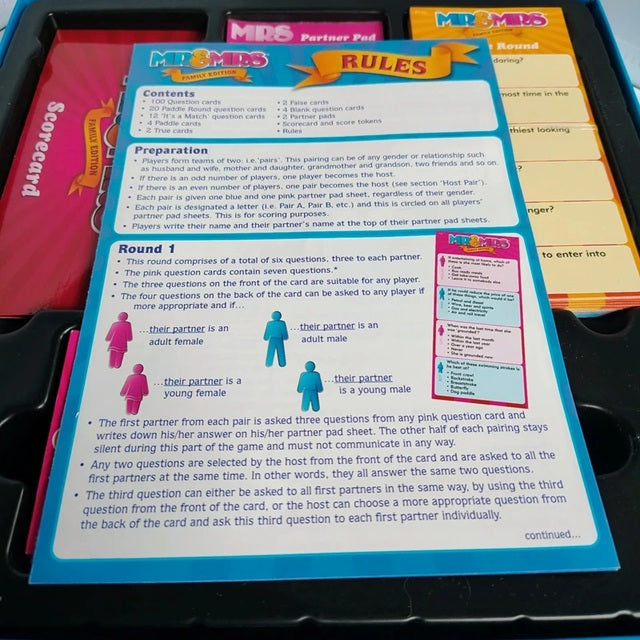 Game rules card for a matching game with colorful text and illustrations.