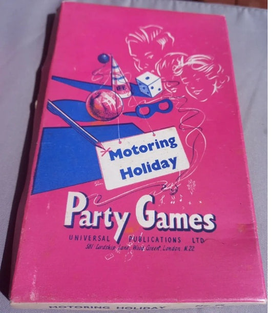 Pink cover of 'Motoring Holiday Party Games' with graphics and text.