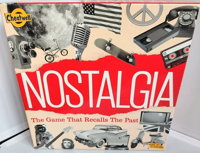 Box of 'Nostalgia' game with vintage-themed illustrations on a white background