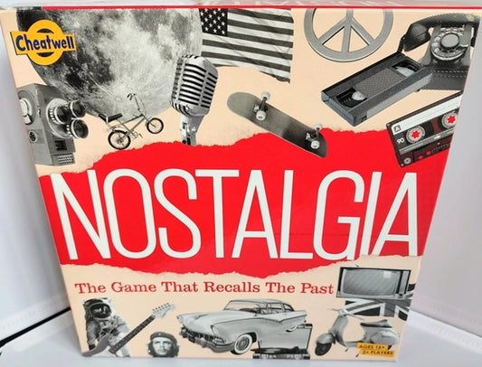 Box of 'Nostalgia' game with vintage-themed illustrations on a white background