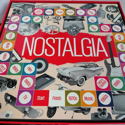 Board game box with 'Nostalgia' title and various 1980s-themed graphics.