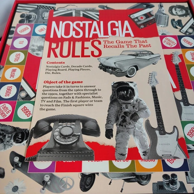 Board game box titled 'Nostalgia Rules' with vintage imagery on a colorful background