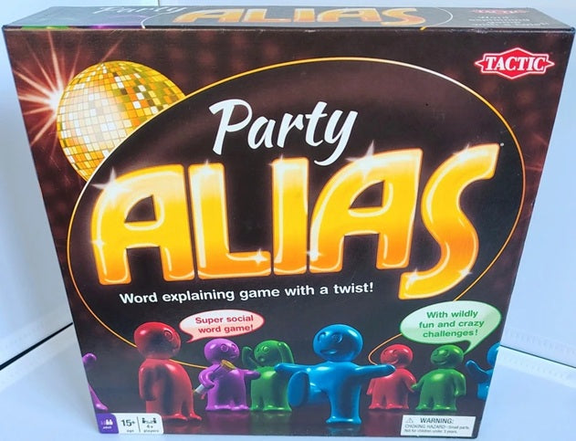 Party Alias game box with colorful figures and disco ball on a white background
