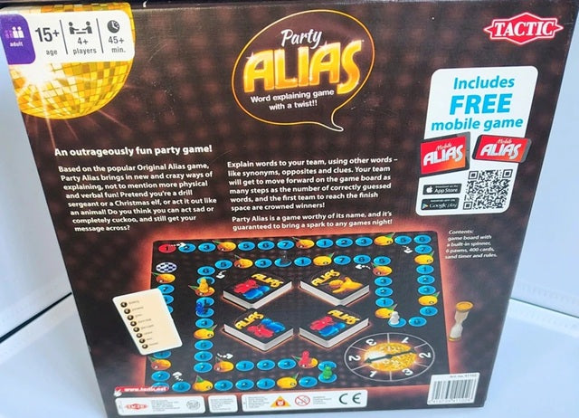 Party Alias board game packaging with Tactic branding