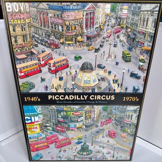 Framed artwork of Piccadilly Circus showing changes from the 1940s to the 1970s.