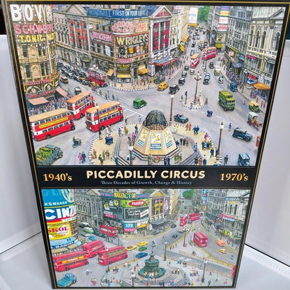 Framed artwork of Piccadilly Circus showing changes from the 1940s to the 1970s.
