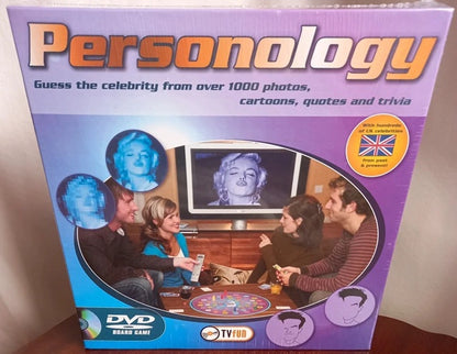 Box of 'Personology' game with people around a table and TV screen in the background.