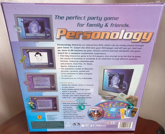 Back of a 'Personology' game box with text and images of a person on a screen.