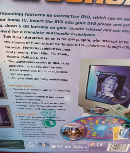 Back cover of a game box with text and images of a game board and cards.