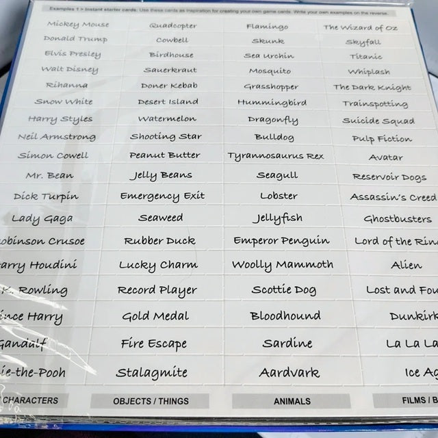 Sheet displaying a list of names and corresponding animal or object categories.