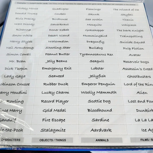 Sheet displaying a list of names and corresponding animal or object categories.