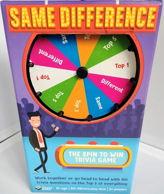 Box of 'Same Difference' trivia game with colorful wheel and text on a white background