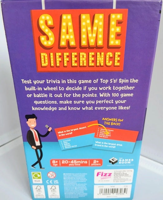 Box of 'Same Difference' game with text and graphics on a white background