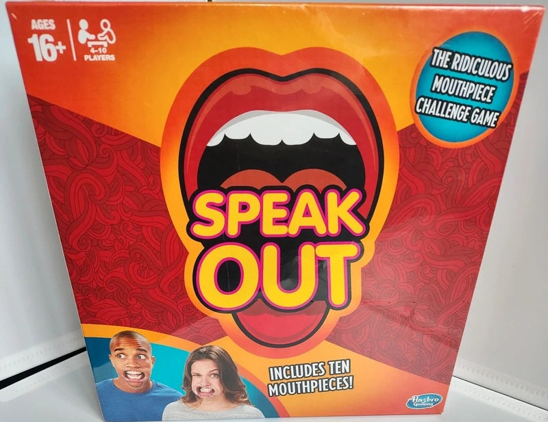 Hasbro Speak Out board game box showing a bright orange and red design with a large open mouth graphic and the title 'SPEAK OUT' in bold yellow letters.
