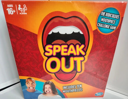 Hasbro Speak Out board game box showing a bright orange and red design with a large open mouth graphic and the title 'SPEAK OUT' in bold yellow letters.