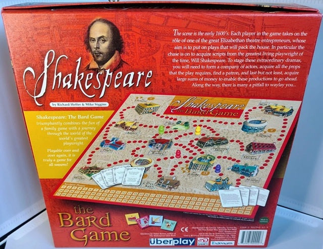 Back of the box for Shakespeare The Bard Game.