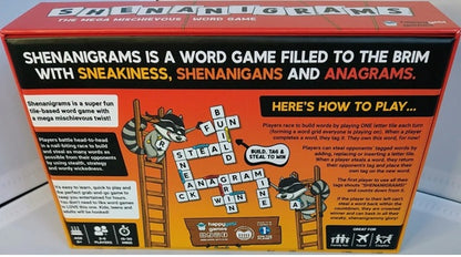 Shenanigans board game box with text and graphics on a white background
