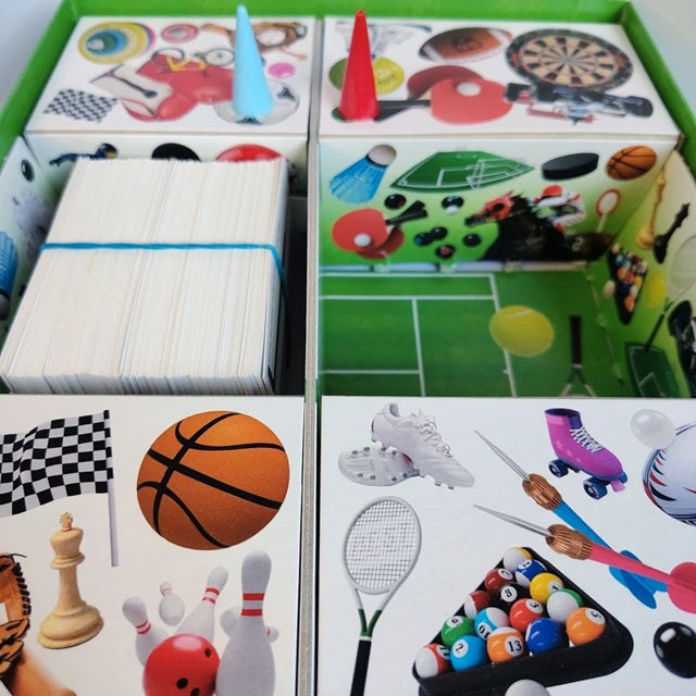 Four colorful boxes with various sports-themed illustrations on a green background