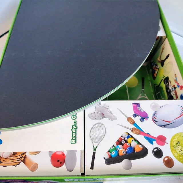 colorful packaging design featuring sports equipment.