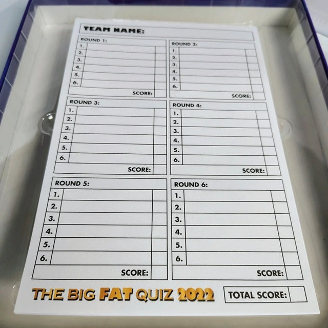 Scorecard for 'The Big Fat Quiz 2022' with multiple rounds and scores.