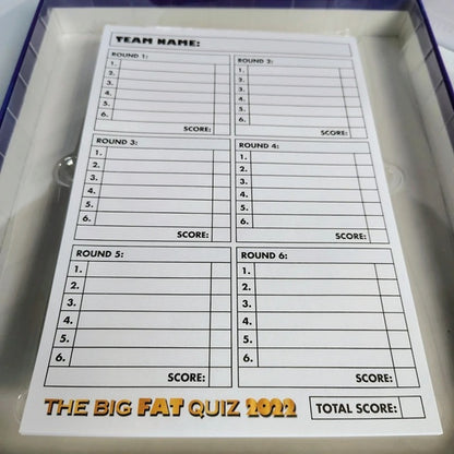 Scorecard for 'The Big Fat Quiz 2022' with multiple rounds and scores.