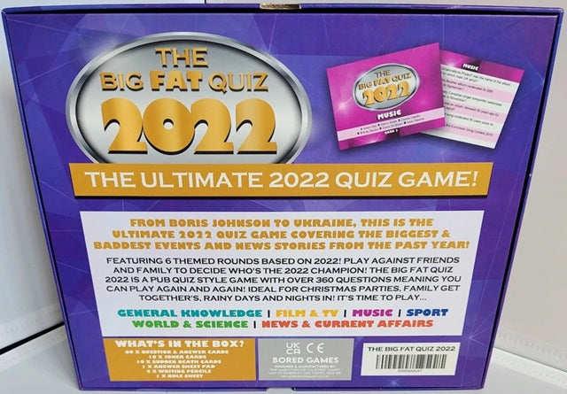 Box of 'The Big Fat Quiz 2022' quiz game with purple and white design.