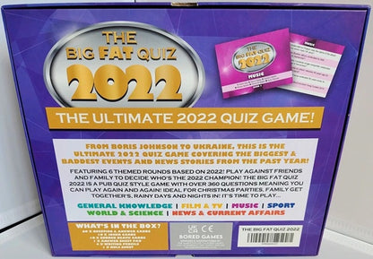 Box of 'The Big Fat Quiz 2022' quiz game with purple and white design.