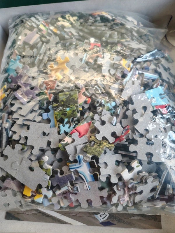 A clear plastic bag filled with many jigsaw puzzle pieces, photographed from above inside a box. The pieces show various printed puzzle images and many white blank edge pieces.