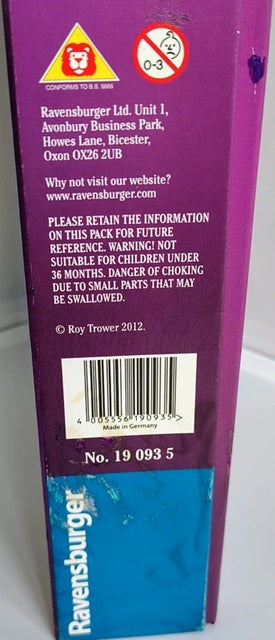 Back of a Ravensburger puzzle box with branding and product information.