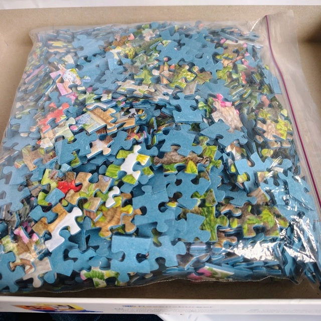 Jigsaw puzzle pieces in a clear plastic bag on a cardboard surface