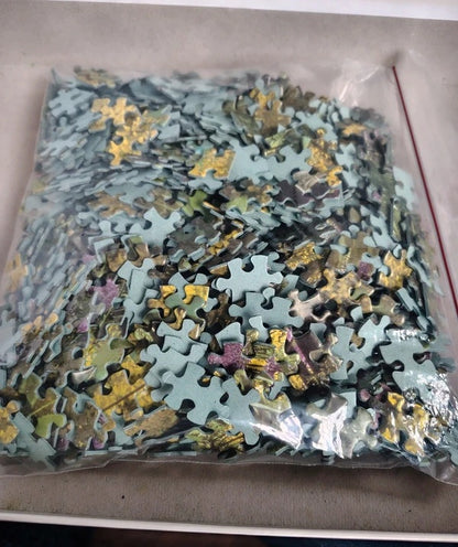 A clear plastic bag filled with many small jigsaw puzzle pieces, photographed from above inside a light-colored box or tray.