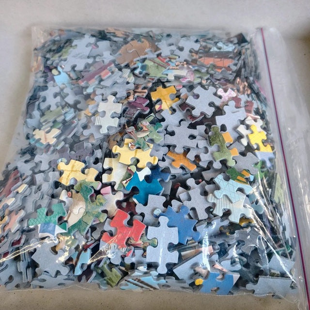 Assorted puzzle pieces in a clear plastic bag on a beige surface