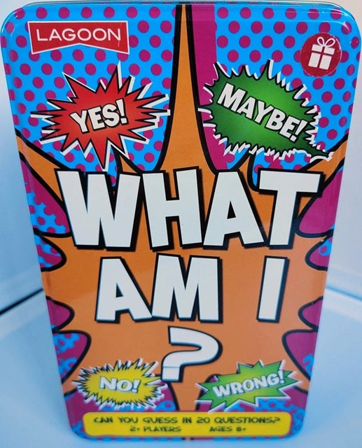 Colorful packaging of a board game titled 'What Am I?' by Lagoon on a light blue background.