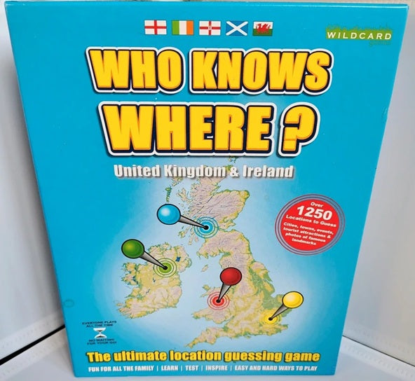 Board game box titled 'Who Knows Where?' with a map of the United Kingdom and Ireland on a blue background.