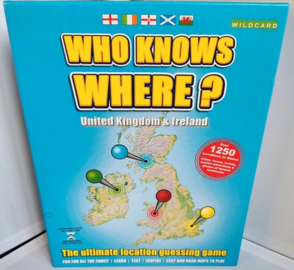 Board game box titled 'Who Knows Where?' with a map of the United Kingdom and Ireland on a blue background.
