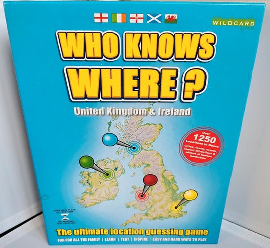 Board game box titled 'Who Knows Where?' with a map of the United Kingdom and Ireland on a blue background.