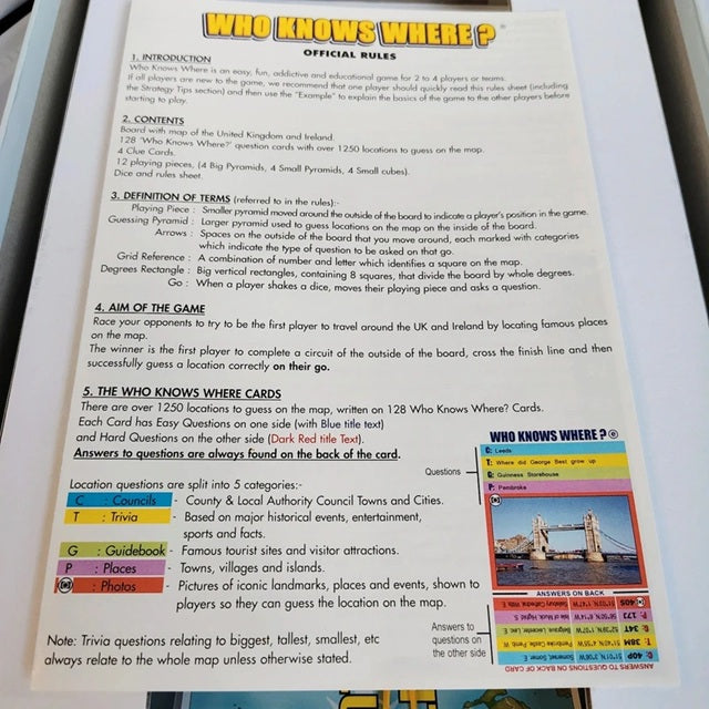 Game rules sheet for 'Who Knows Where?' game with colorful text and images.
