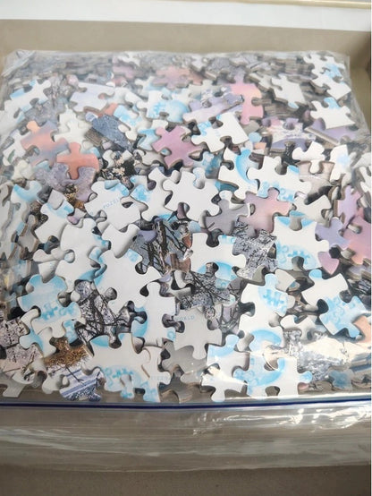 A box of jigsaw puzzle pieces in a clear plastic bag, showing a multicolor pattern of white, blue, pink, and gray puzzle pieces.