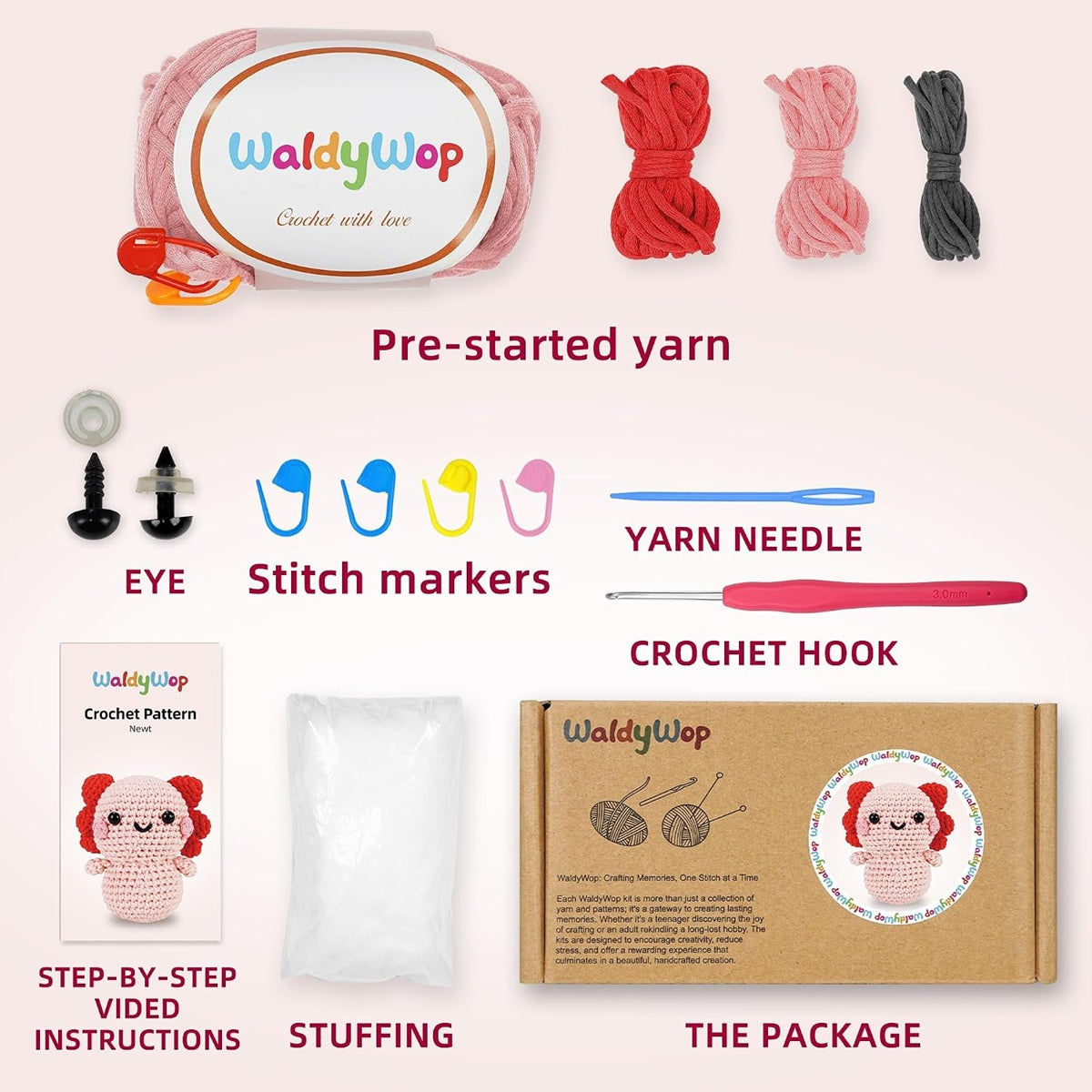 WaldyWop crochet kit with pre-started yarn, stitch markers, yarn needle, crochet hook, step-by-step video instructions, stuffing, and packaging on a white background.